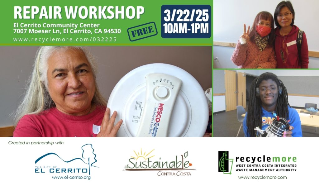 Repair workshop at the El Cerrito Community Center at 7007 Moeser Lane in El Cerrito, picture with local residents holding up repaired items from recent events.
