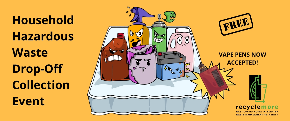Household hazardous waste characters on a mattress with a bright golden yellow background.